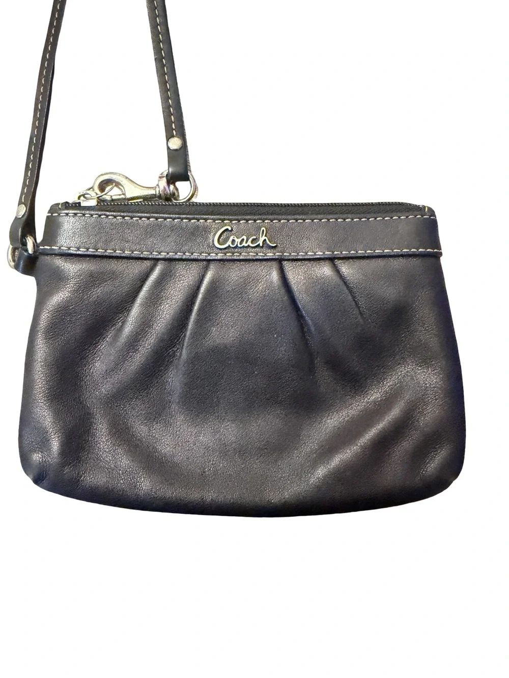 Coach Black Leather Wristlet with Signature Script Logo